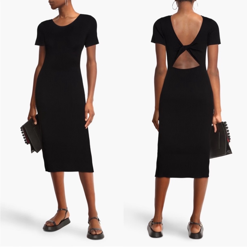 Naadam Cotton Cashmere Ribbed Knit Reversible Twist Dress XS Black NWT